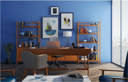bureau bleu et meubles en bois
